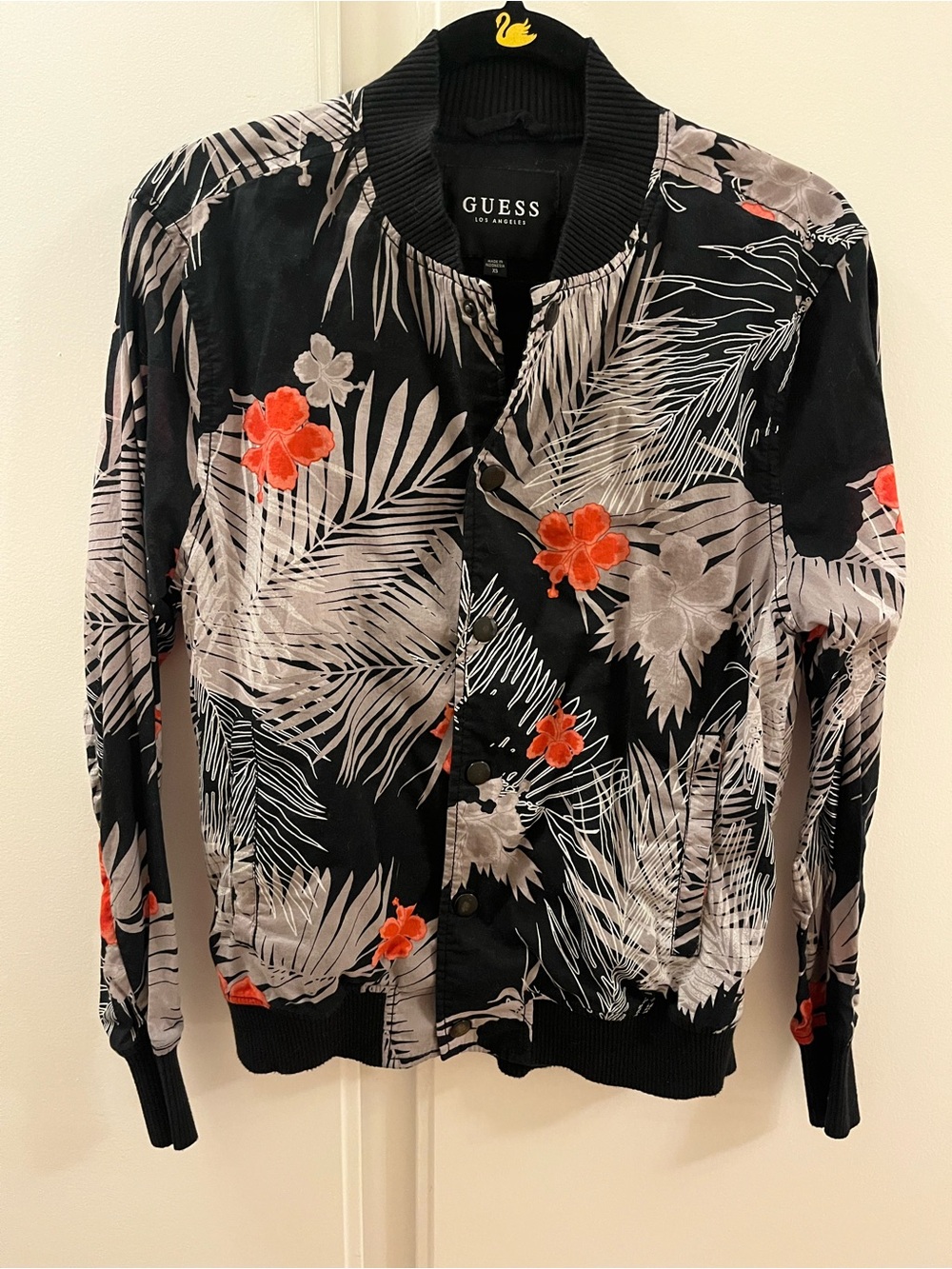 GUESS Tropical Floral Snap-Front Bomber Jacket with Hibiscus Flowers - Size XS